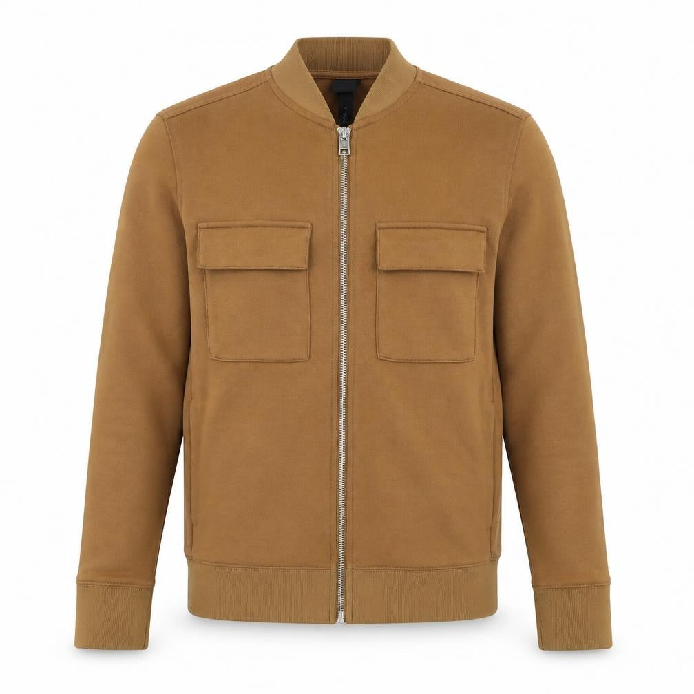 Front view of H&M Men's Brown Bomber Jacket S Stand-Up Collar Full Zip