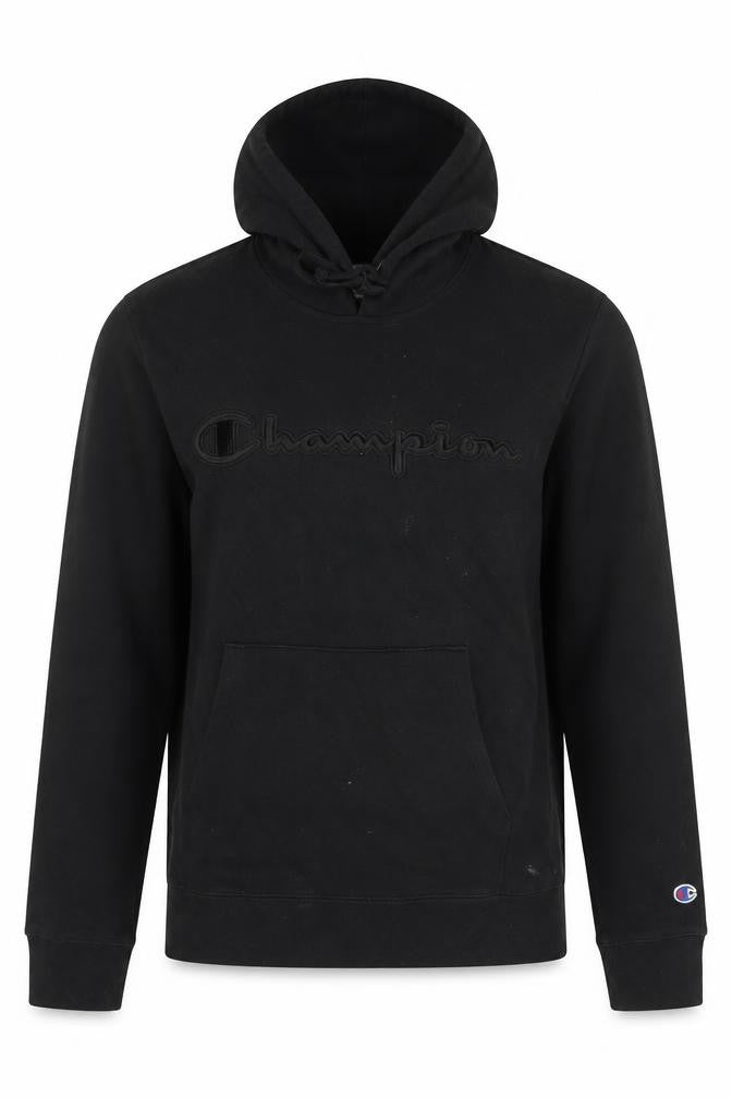 Front view of Champion Men’s Black Pullover Hoodie Medium Logo Hooded Sweatshirt