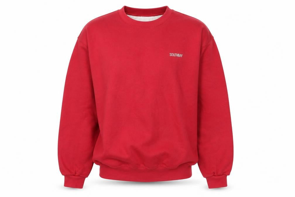 Front view of Southbay men’s red crew neck pullover sweatshirt, size L, regular fit