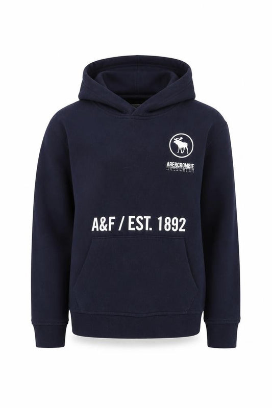 Front view of Abercrombie & Fitch Kids boys’ blue pullover hoodie 13-14 years logo print