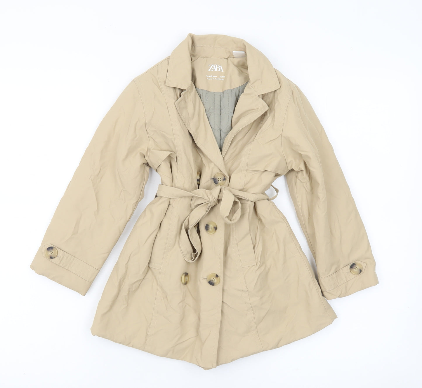 Zara Girls Beige Cotton Blend Trench Coat 4-5 Years Belted Double Breasted