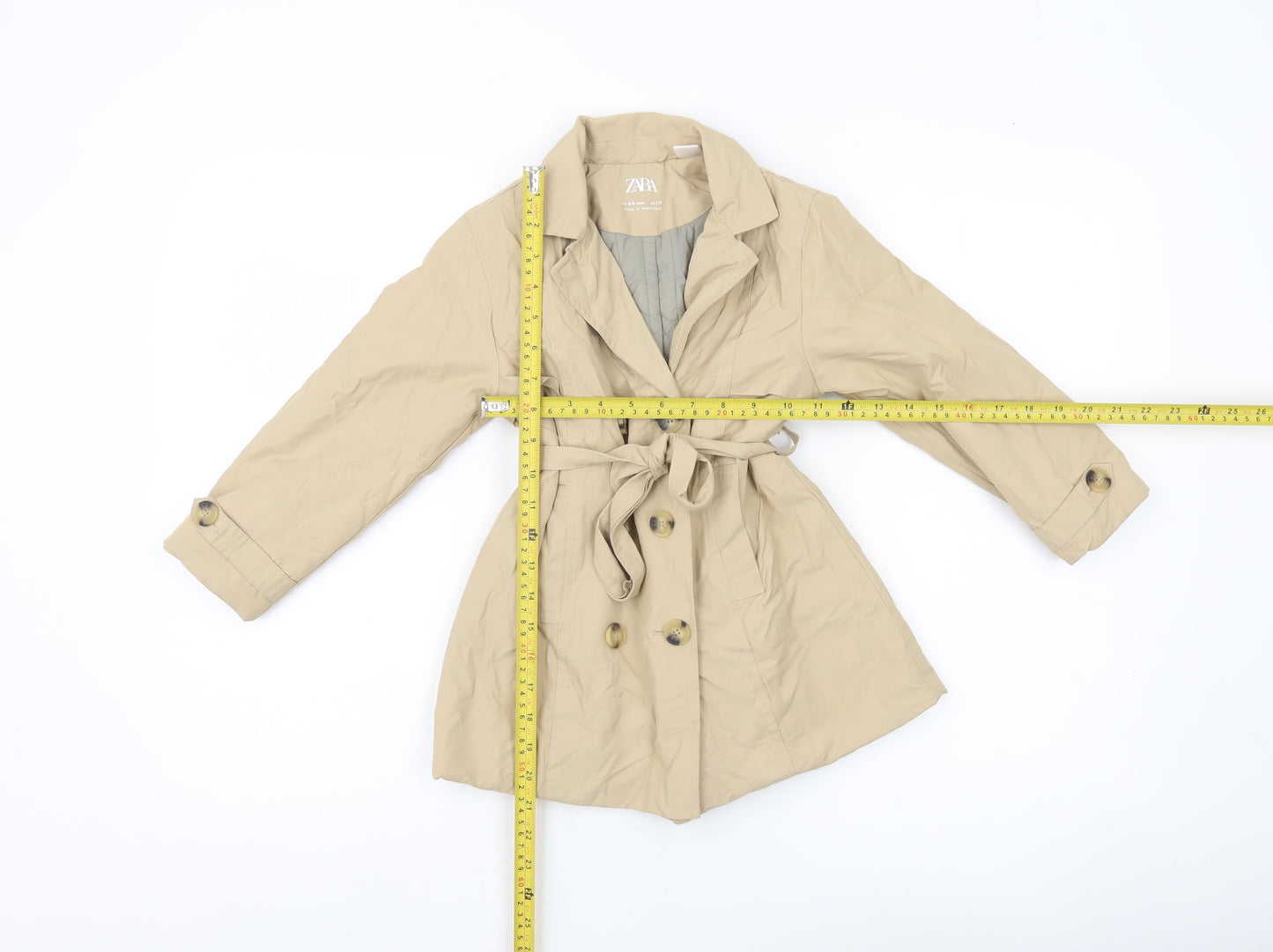 Zara Girls Beige Cotton Blend Trench Coat 4-5 Years Belted Double Breasted