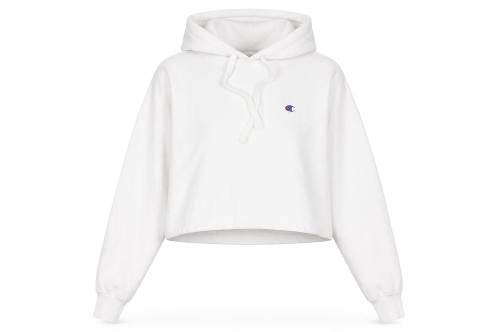 Front view of Champion women’s white xs pullover hoodie logo print long sleeve