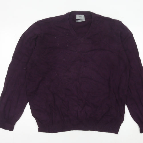 Marks and Spencer Mens Purple 2XL Cotton V-Neck Jumper