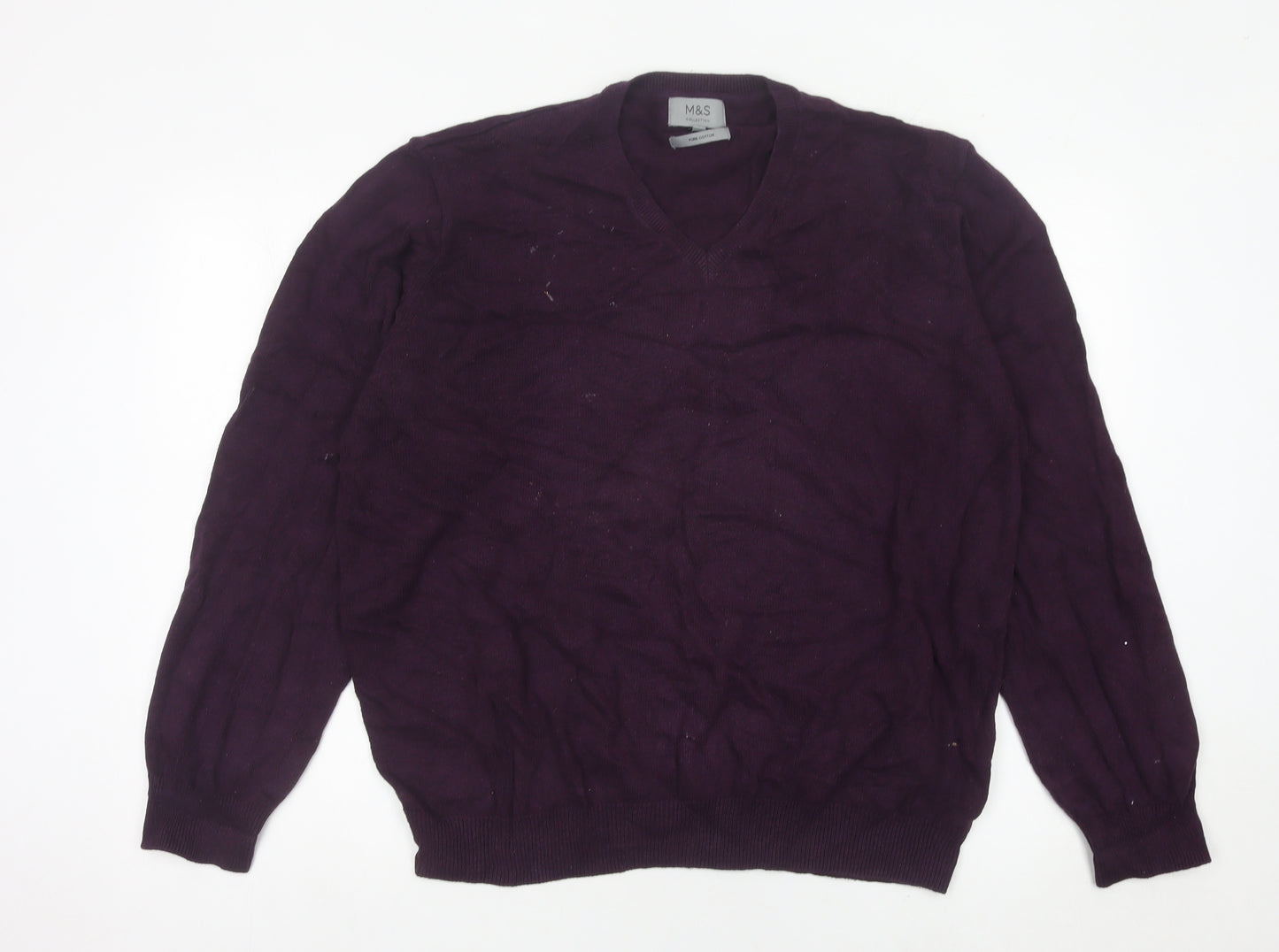 Marks and Spencer Mens Purple 2XL Cotton V-Neck Jumper