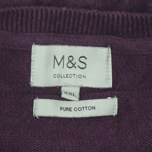 Marks and Spencer Mens Purple 2XL Cotton V-Neck Jumper