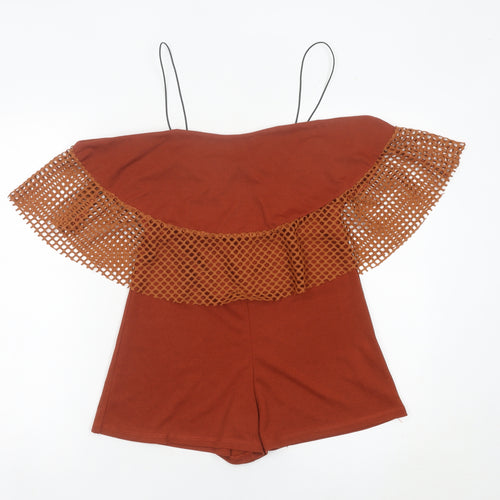 Boohoo Women’s Brown Size 10 Off Shoulder Ruffle Playsuit