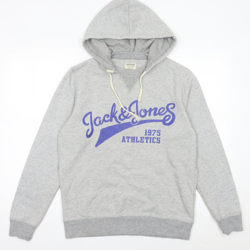 Jack & Jones Mens Grey Pullover Hoodie M Graphic Print Athletic