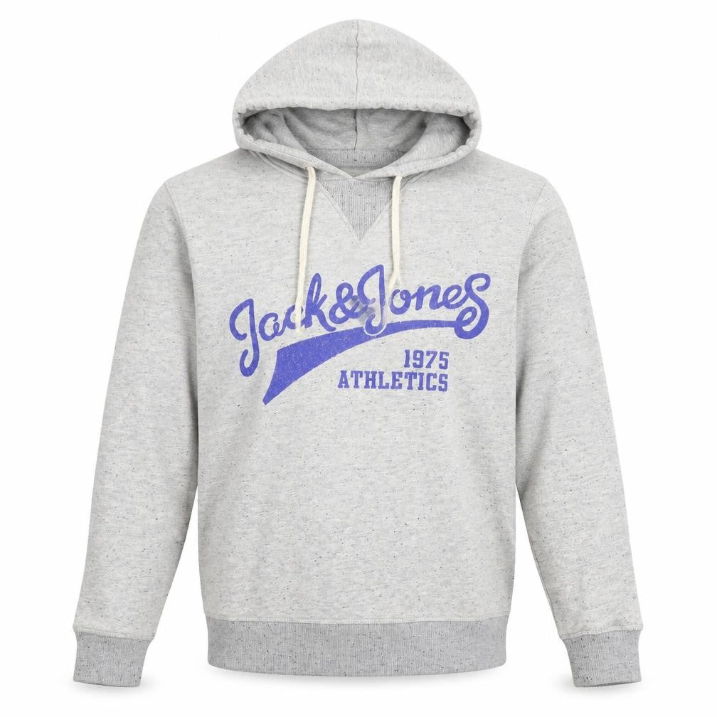 Front view of Jack & Jones men’s grey pullover hoodie m graphic print athletic
