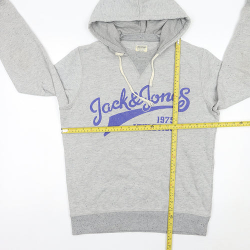 Jack & Jones Mens Grey Pullover Hoodie M Graphic Print Athletic