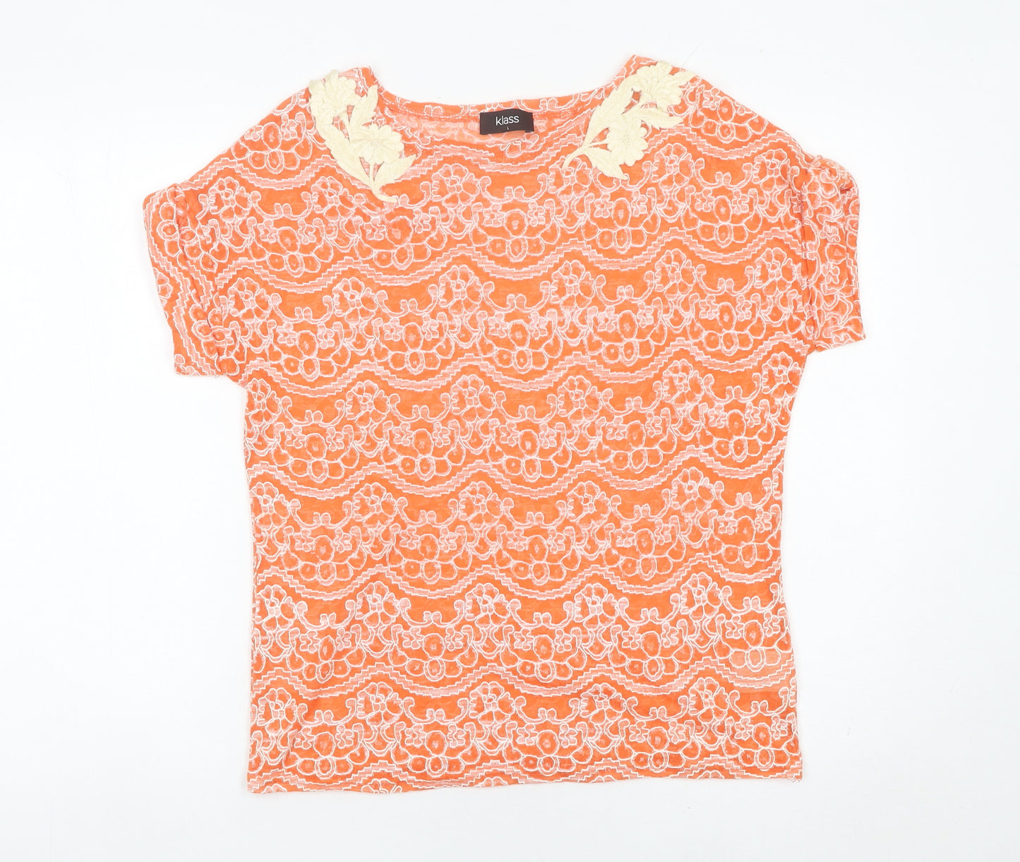 Klass Women’s Orange Lace Floral Short Sleeve T-Shirt Size L