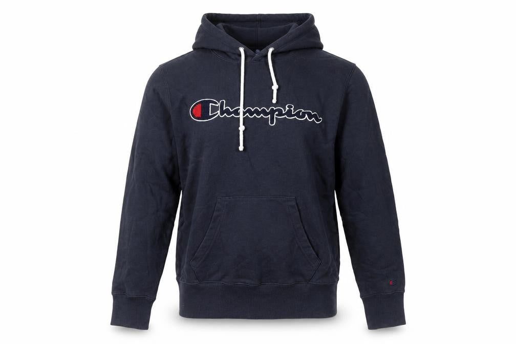 Front view of Champion Men’s XS Navy Hoodie Pullover Logo Embroidered Cotton