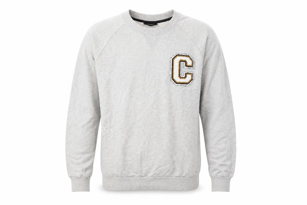 Front view of Calvin Klein men’s grey medium crew neck sweatshirt embroidered logo