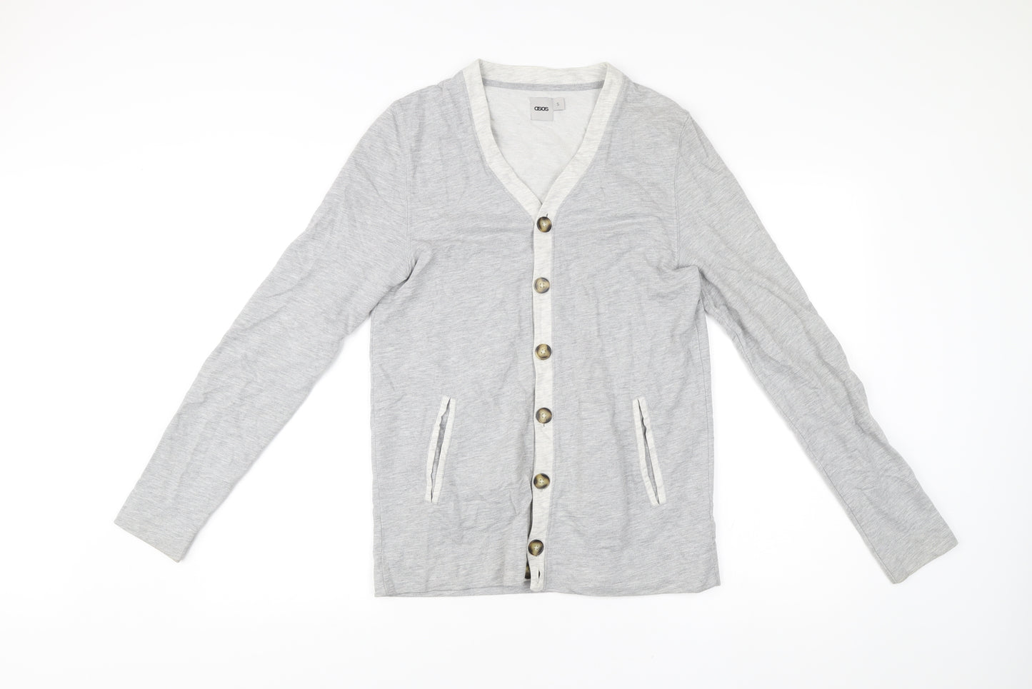ASOS Men’s Grey Cotton Cardigan S V-Neck Button Casual Workwear