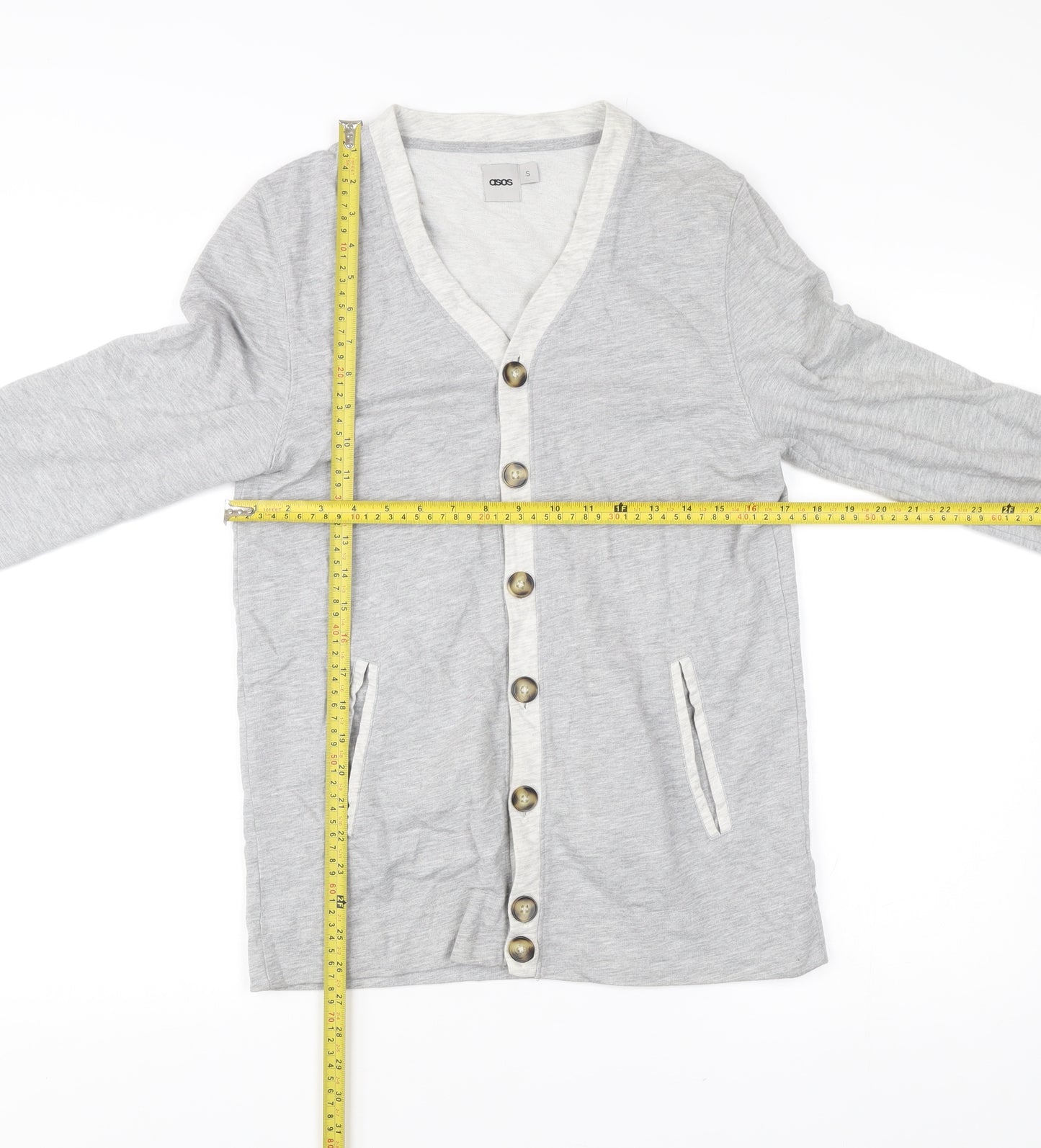 ASOS Men’s Grey Cotton Cardigan S V-Neck Button Casual Workwear