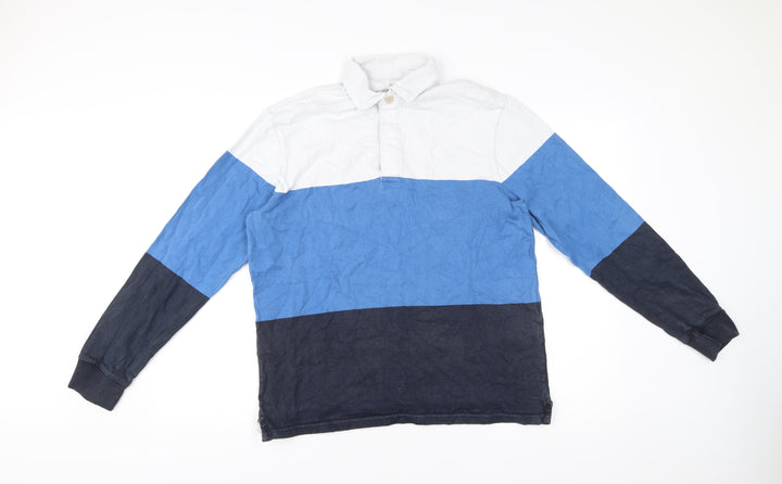 Marks and Spencer Men’s Colourblock Cotton Rugby Shirt M Blue White Black Long Sleeve