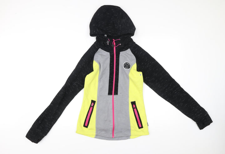 Bench Womens Small Hoodie Black Grey Yellow Full Zip Activewear