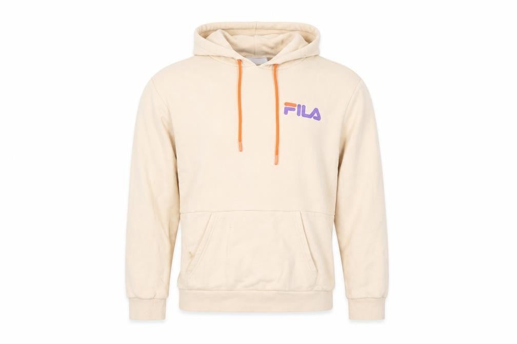 Front view of Fila Men’s Beige Pullover Hoodie Small Logo Hooded Sweatshirt