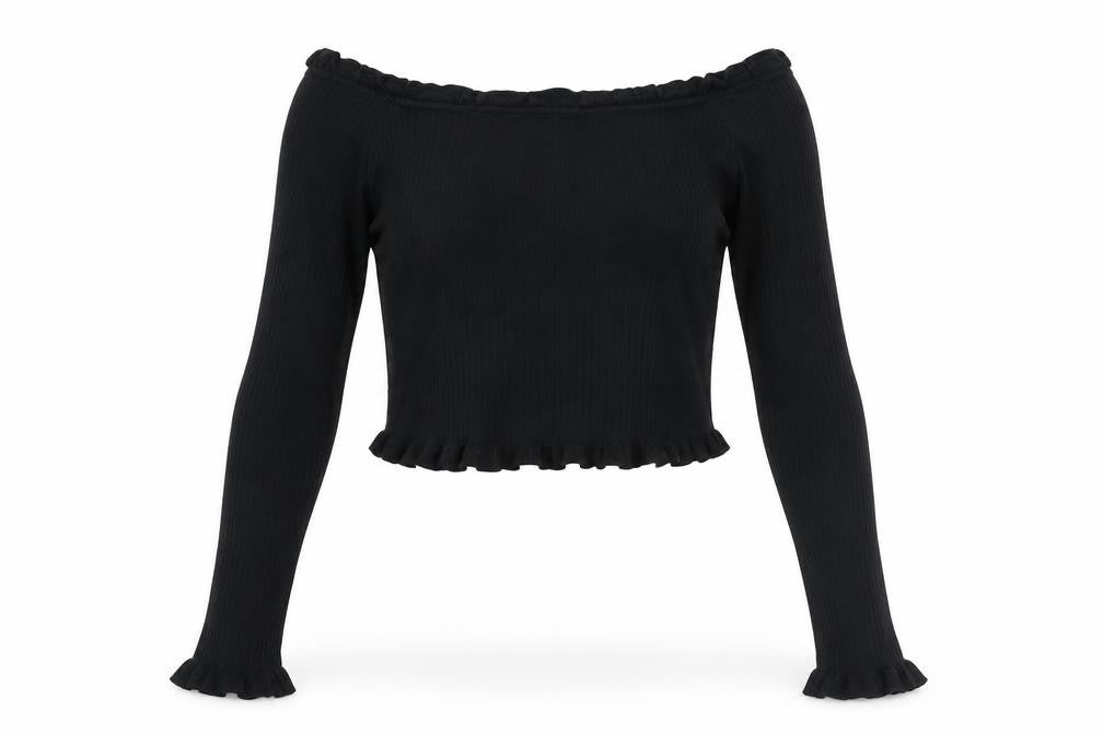 Front view of Threadbare women’s black, size UK 10, tall cropped off shoulder blouse