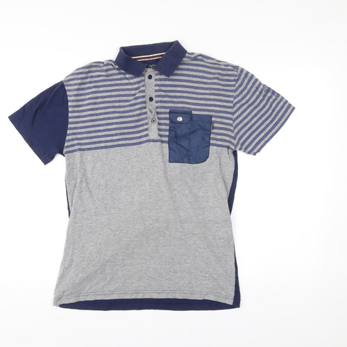 Egan Men's Blue Grey Striped Cotton Polo Shirt Size L