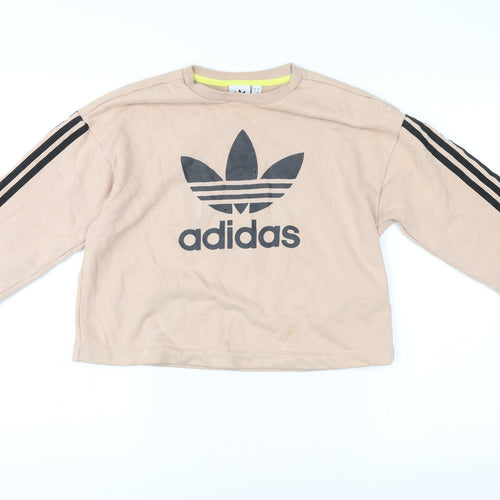 Adidas Womens Beige Sweatshirt Size 10 Crew Neck Pullover Logo Print
