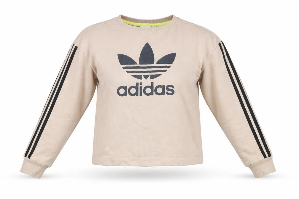 Front view of Adidas women’s beige sweatshirt, size UK 10, crew neck pullover logo print