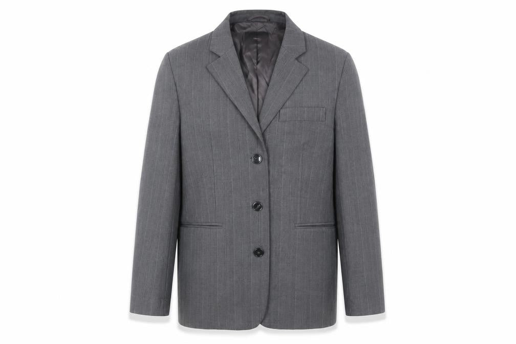 Front view of Mango Men’s Grey Striped Blazer Jacket, size S, Regular Fit Smart