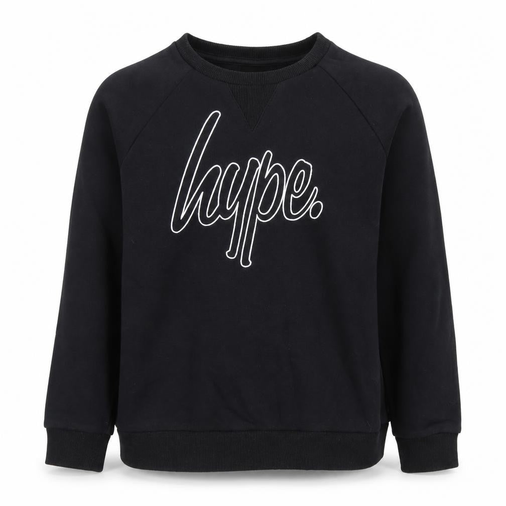 Front view of Hype boys’ black sweatshirt 13 years crew neck pullover logo jumper