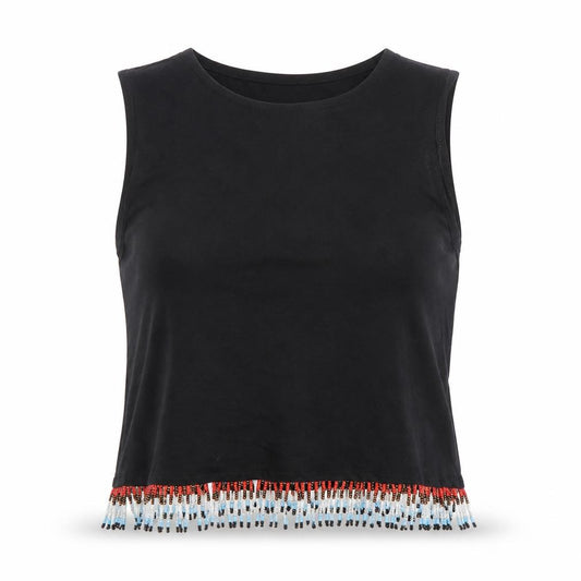 Front view of ASOS women’s black cotton beaded cropped tank top, size UK 8