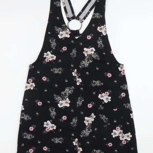 H&M Women Black Floral Pinafore Dress Size 6 Cotton Stretch