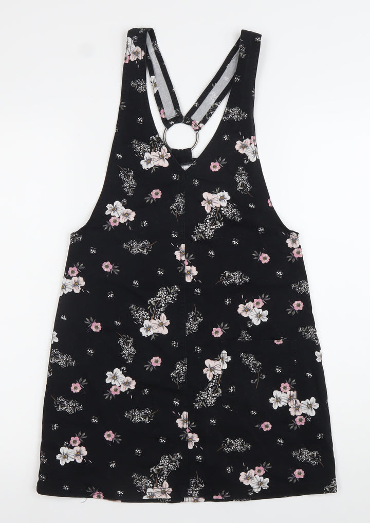 H&M Women Black Floral Pinafore Dress Size 6 Cotton Stretch