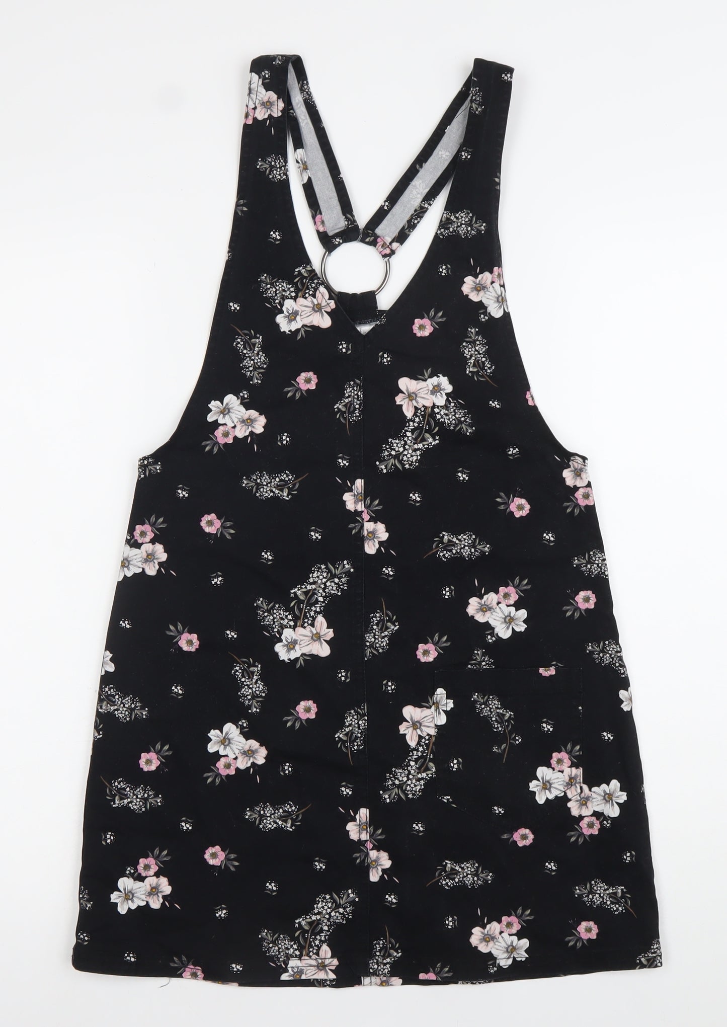 H&M Women Black Floral Pinafore Dress Size 6 Cotton Stretch