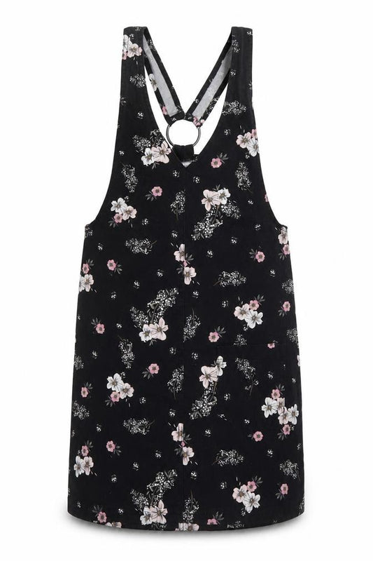Front view of H&M Women Black Floral Pinafore Dress, size 6, Cotton Stretch