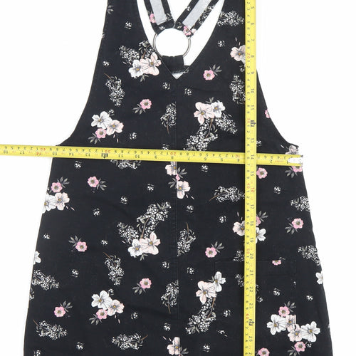 H&M Women Black Floral Pinafore Dress Size 6 Cotton Stretch