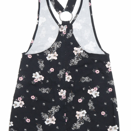 H&M Women Black Floral Pinafore Dress Size 6 Cotton Stretch