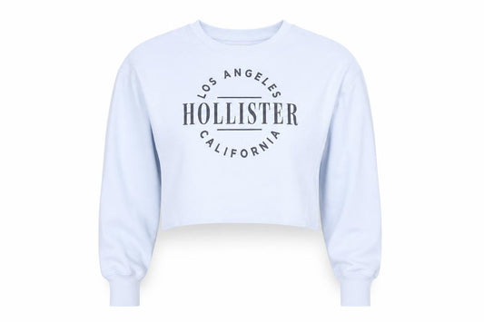 Front view of Hollister women’s blue small logo crew neck sweatshirt