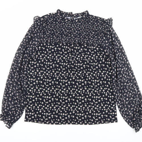 Oasis Womens Black Floral Chiffon Long Sleeve High Neck Blouse Size S