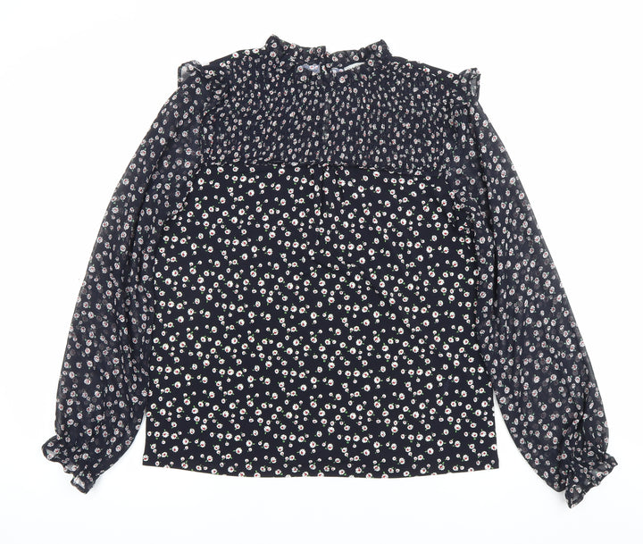 Oasis Womens Black Floral Chiffon Long Sleeve High Neck Blouse Size S