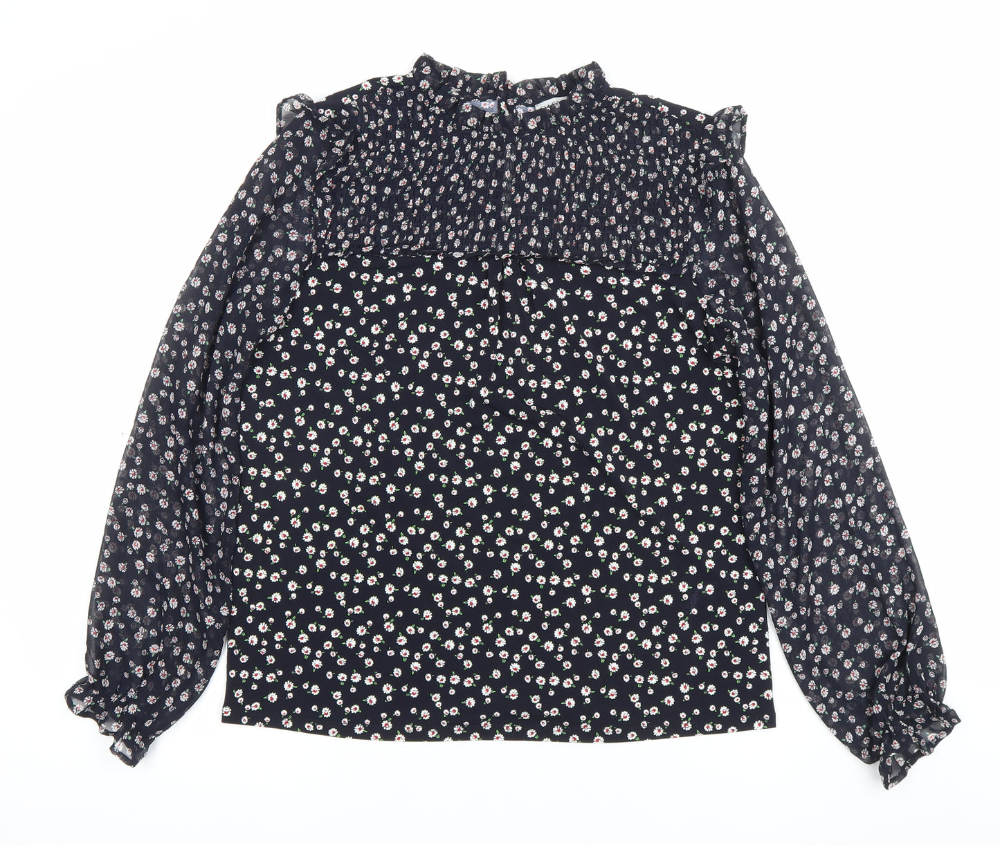 Oasis Womens Black Floral Chiffon Long Sleeve High Neck Blouse Size S