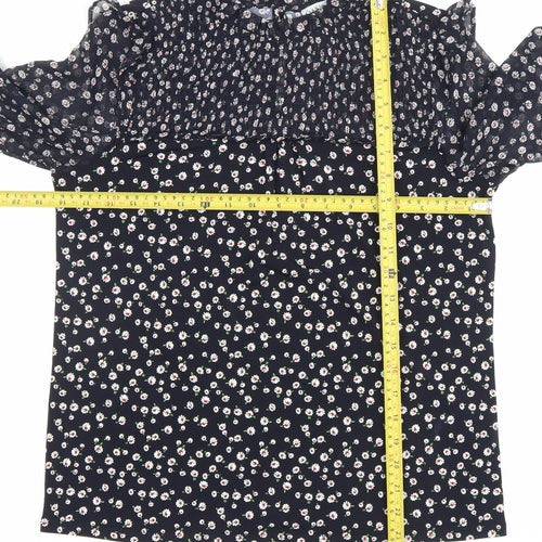 Oasis Womens Black Floral Chiffon Long Sleeve High Neck Blouse Size S