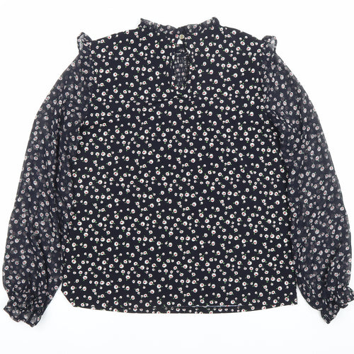 Oasis Womens Black Floral Chiffon Long Sleeve High Neck Blouse Size S