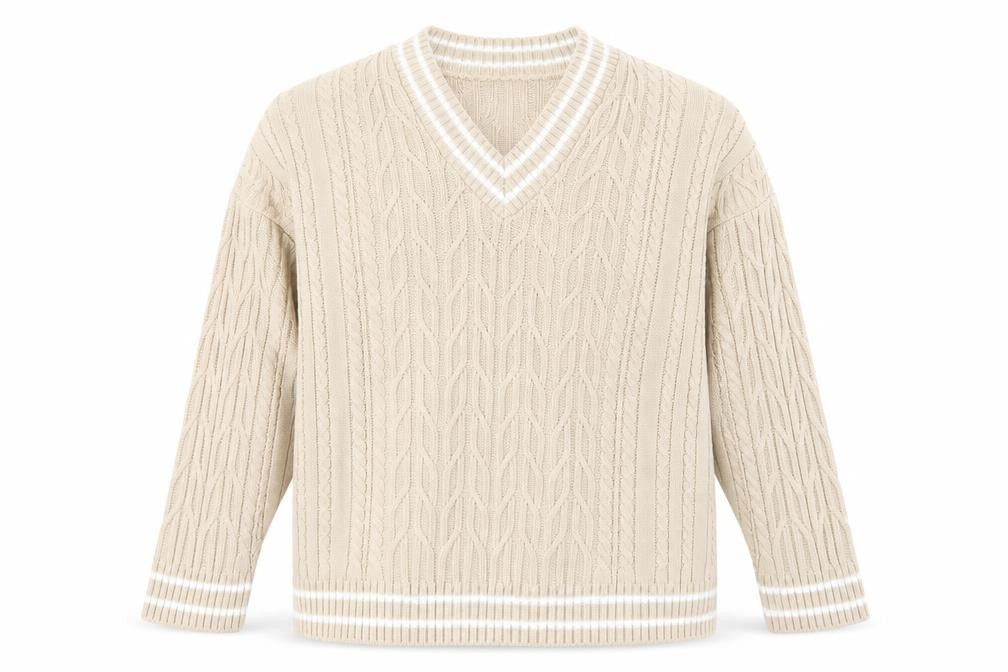 Front view of ASOS Men’s Beige XL V-Neck Cable-Knit jumper
