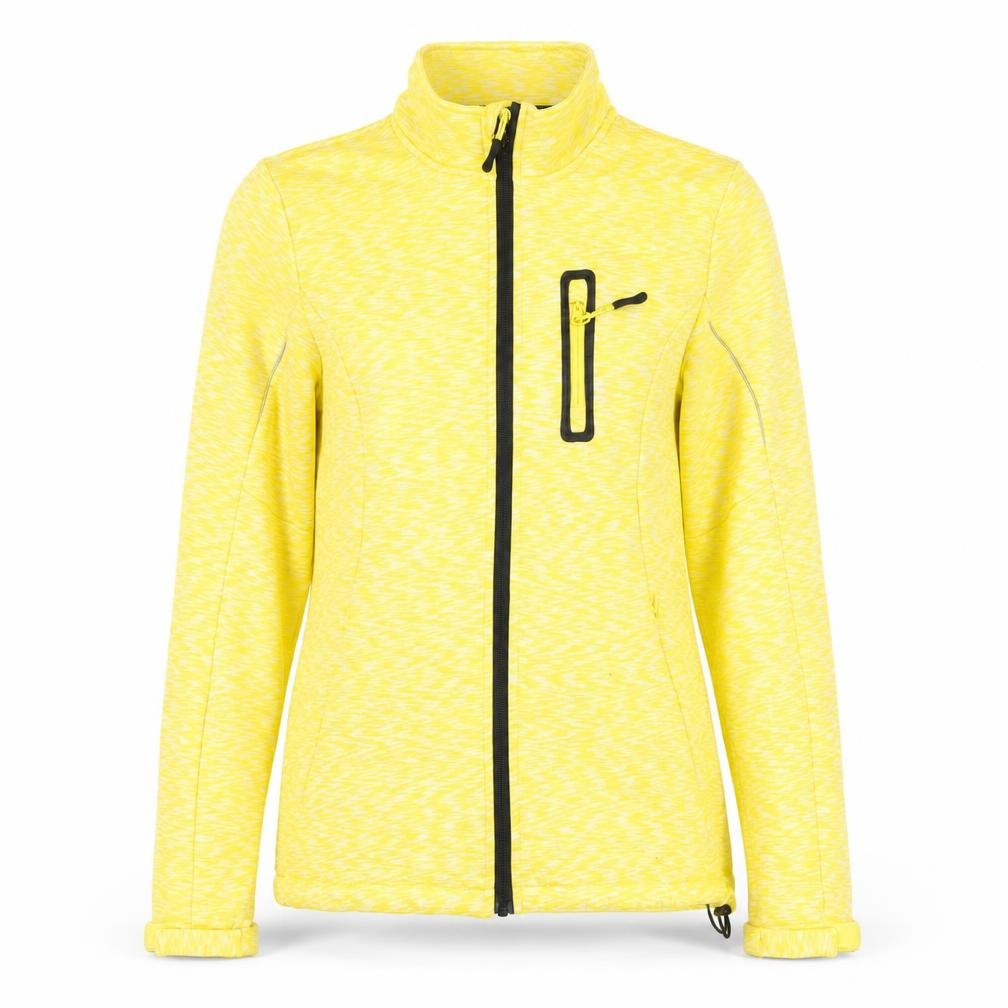Front view of Crynit women’s yellow softshell jacket, size UK 10, full zip lightweight