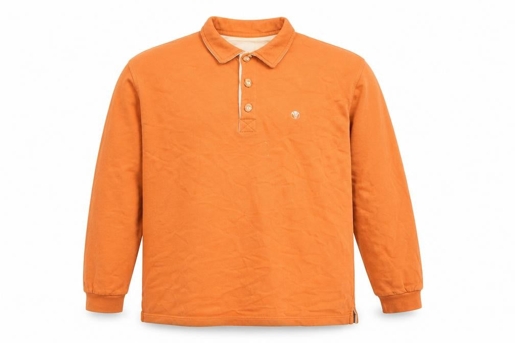 Front view of FatFace Men’s Orange Cotton Collared Henley Sweatshirt, size L