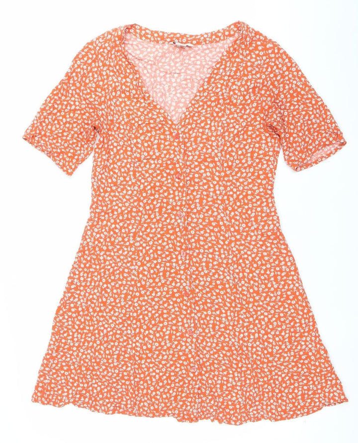 Monki Women’s Orange Floral A-Line Midi Dress Size S Viscose