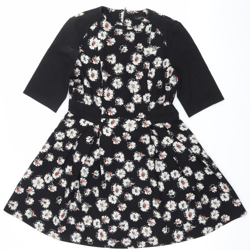 Zara Women Black Floral Fit & Flare V-Neck Dress Size L