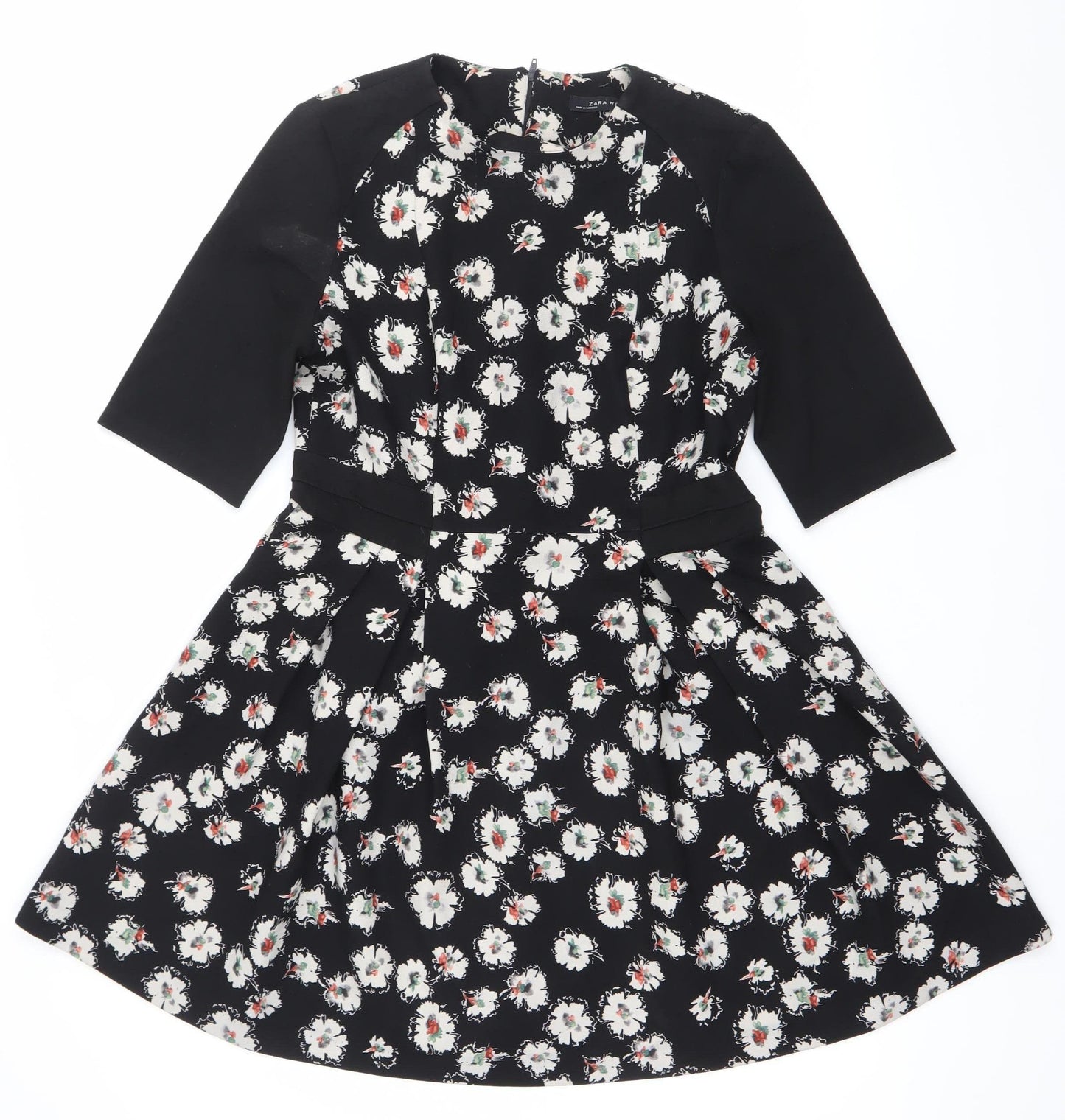 Zara Women Black Floral Fit & Flare V-Neck Dress Size L
