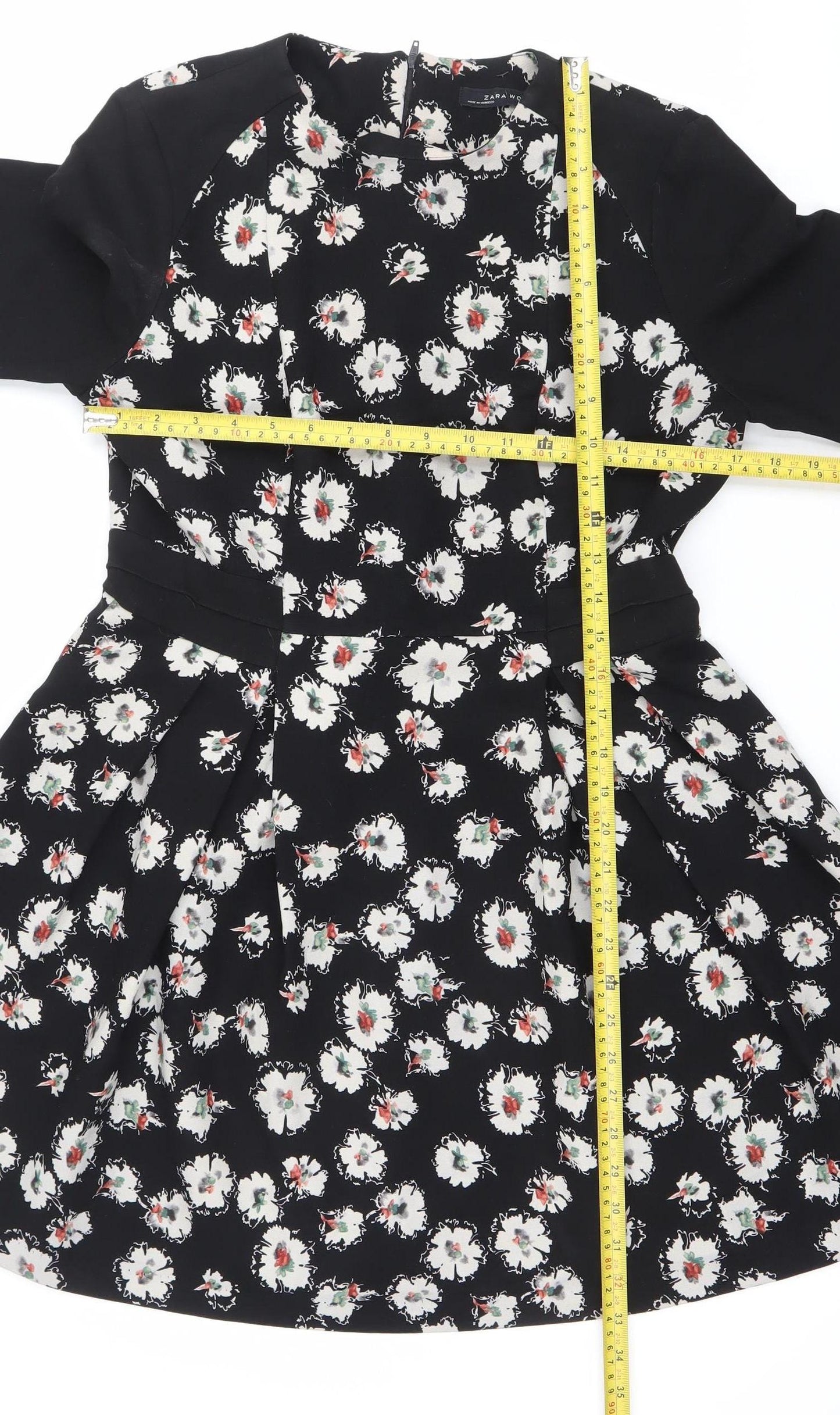 Zara Women Black Floral Fit & Flare V-Neck Dress Size L