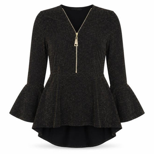 Quiz Women’s Black Glitter Fit & Flare Dress Size 14 Party Zip Bell Sleeve