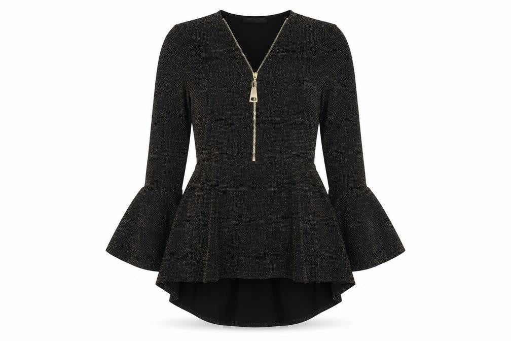 Quiz Women’s Black Glitter Fit & Flare Dress Size 14 Party Zip Bell Sleeve